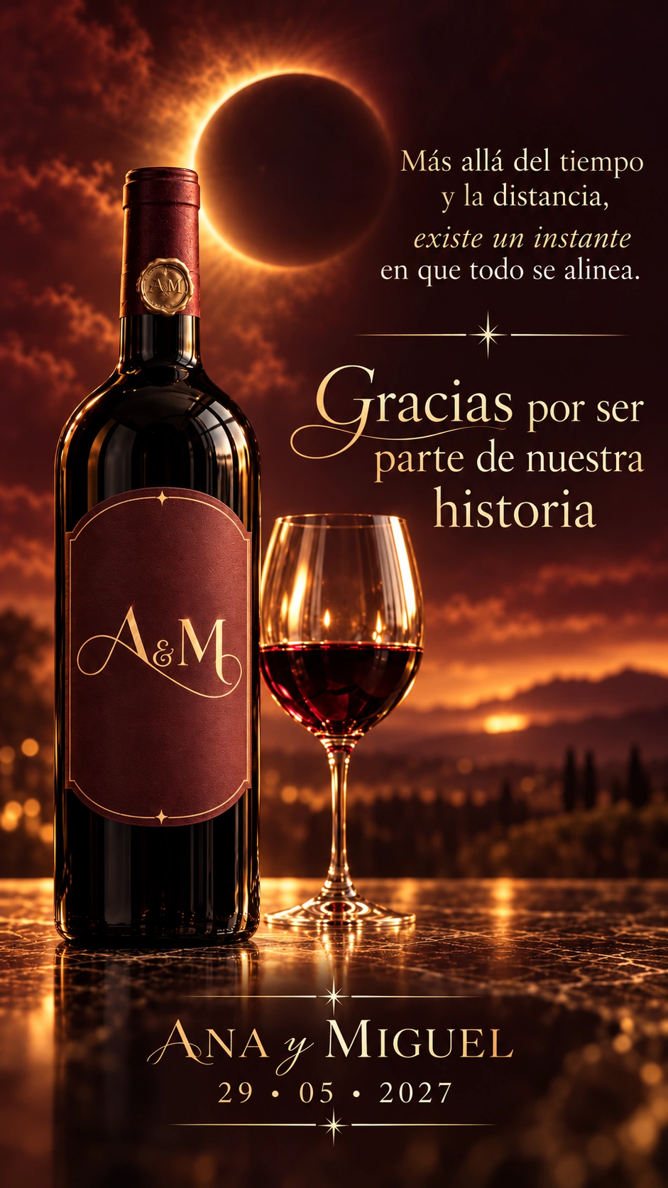 Más allá del tiempo y la distancia, existe un instante en que todo se alinea. Gracias por ser parte de nuestra historia. Ana y Miguel. 29 de mayo de 2027.
